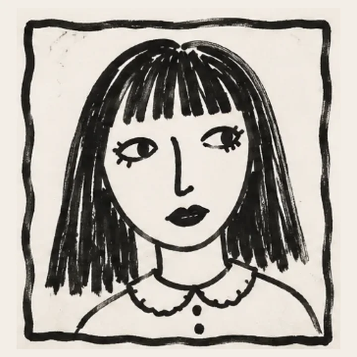 Hand-inked portrait of a woman with a sharp black fringe and dark lipstick